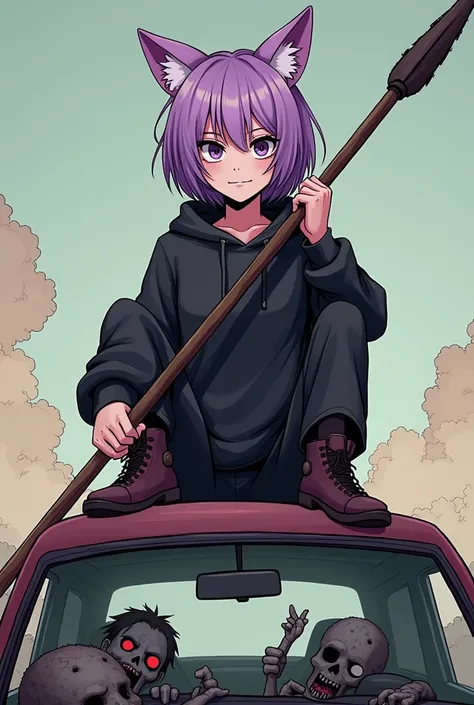 Girl with pastel purple hair, dark hair roots, comic style, comic the Walking Dead, apocalypse survivor, zombie apocalypse, survivor, black sweatshirt, holds a wooden spear, on top of car, zombies under the car trying to reach her, purple eyes color, short...