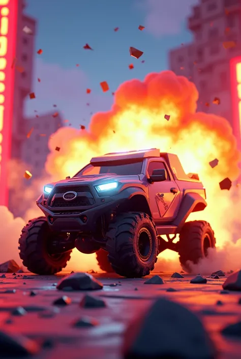 fortnite artstyle, Not realistic, red borders, car explodes. car is aCybertruck, make an expotion 16:9, 4k, 3D, unreal engine
