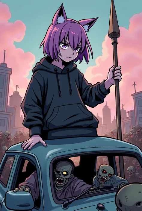 Girl with pastel purple hair, dark hair roots, comic style, comic the Walking Dead, apocalypse survivor, zombie apocalypse, survivor, black sweatshirt, holds a wooden spear, on top of car, zombies under the car trying to reach her, short hair, neko ears, c...