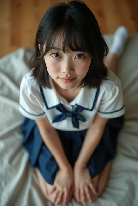  seen from above , ( top quality :1.4),  cute face, 8k, 50mm,  ( simple room in my house :1.4), classmate, ( school uniform:1.2),   dark blue pleated skirt , Relax, stand on your knees and relaxing pose on a wide sofa bed,  film grain, ( cozy rim lighting ...