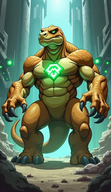 "A detailed and dynamic illustration of Humungousaur, one of Ben 10s iconic aliens. He is a towering, dinosaur-like creature with a muscular, bulky body, beige and brown reptilian skin, and sharp claws. The Omnitrix symbol is prominently embedded in the ce...