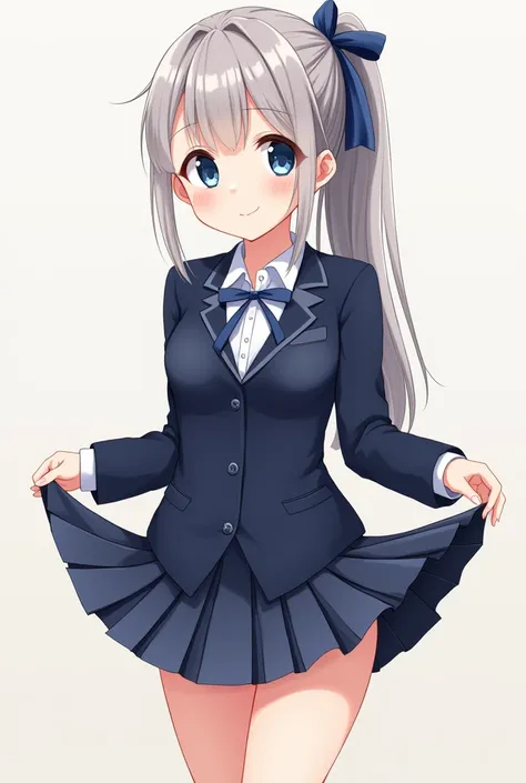 A young loli sister with a petite body, dressed in her short school uniform consisting of a navy blue blazer, a pristine white blouse. Her flat chest is barely noticeable under the fabric, adding to her innocent and delicate appearance. Her long, straight ...