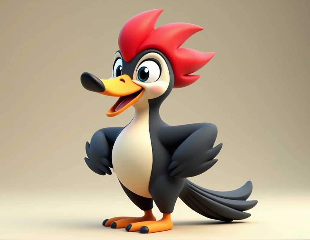 Create a cartoon-style woodpecker ( full body, Black-feathered ,  white-breasted and red-headed) in 3d style 