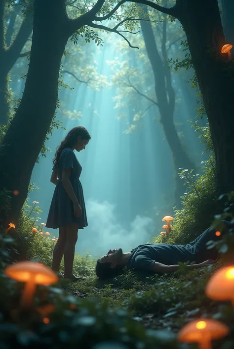 Woman finding a man lying in the middle of a magical forest 