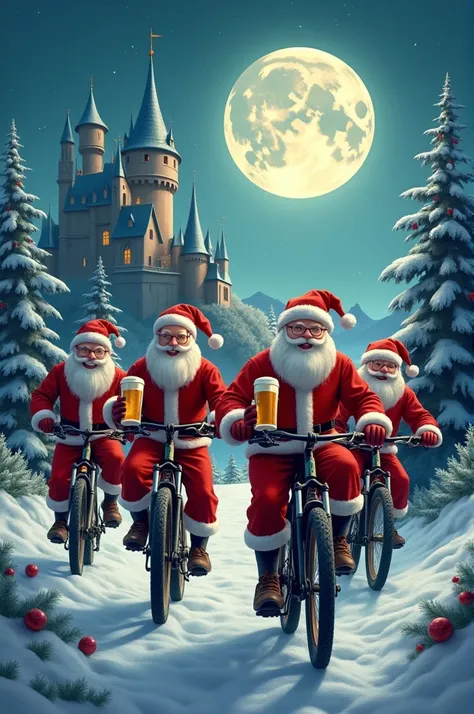  4 mountain bikers dressed as Santa Claus riding while drinking a mug of beer.
In the background we see a castle and the moon 