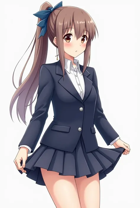 A young loli sister with a petite body, dressed in her short school uniform consisting of a navy blue blazer, a pristine white blouse. Her flat chest is barely noticeable under the fabric, adding to her innocent and delicate appearance. Her long, straight ...