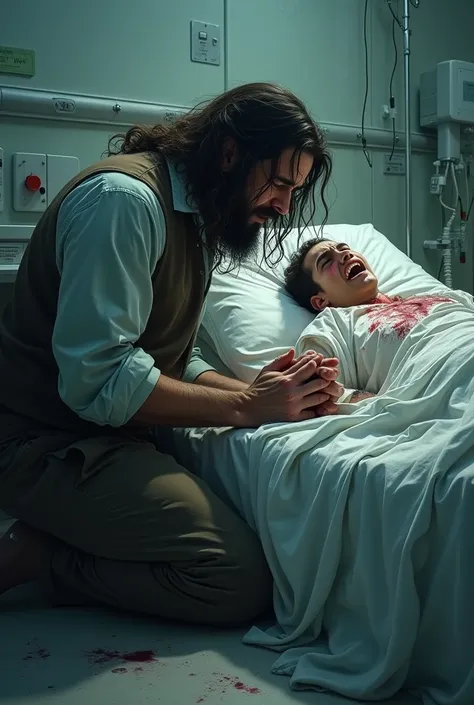  The image shows an emotional and moving scene .  A man with long hair ,  beard and expression of suffering is kneeling beside a hospital bed. He holds the hands of a   who looks like a seriously wounded .  The  is lying in bed with a covering your head , ...