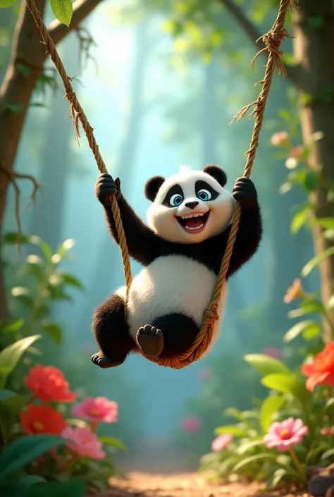 Create a Pixar-style cartoon of a cute, small panda with fluffy white and black fur and bright blue eyes, swinging energetically from a vine in the jungle. The panda is smiling wide, full of excitement as it swings through the air with ease. Its blue eyes ...