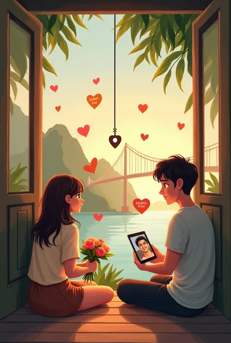  An image symbolizes the resilient love of a couple in a long-distance relationship . Left, the woman,  with medium and long brown hair ,  wears a light blouse and a light skirt ,  reflecting its connection with the environment Tropical Mirinzal .  She is ...