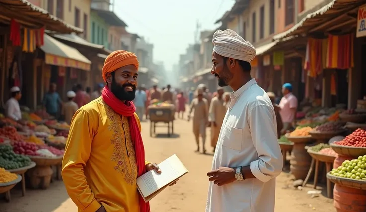 A busy, colorful market street in a small town with rows of wooden stalls selling fresh fruits, vegetables, spices, and textiles. Merchants and shoppers engage in lively conversations, while ox carts and people with baskets on their heads navigate the chao...