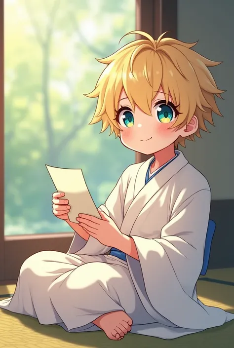  one boy,Blonde, big blue eyes ,(( little character holding paper))  rainbow heterochromia,White Kimono , new year、Relaxing in a Japanese-style room  ,smile、 fantasy Please enter text at the bottom right of the image, very popular font ,