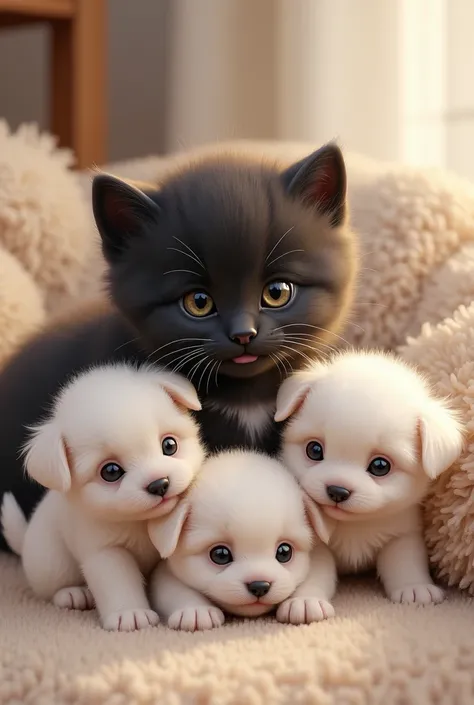  Create an image of a  black kitten with its white breast, a  Maltese dog and 2  Maltese dogs , in total 3 puppies and a kitten together in the photo