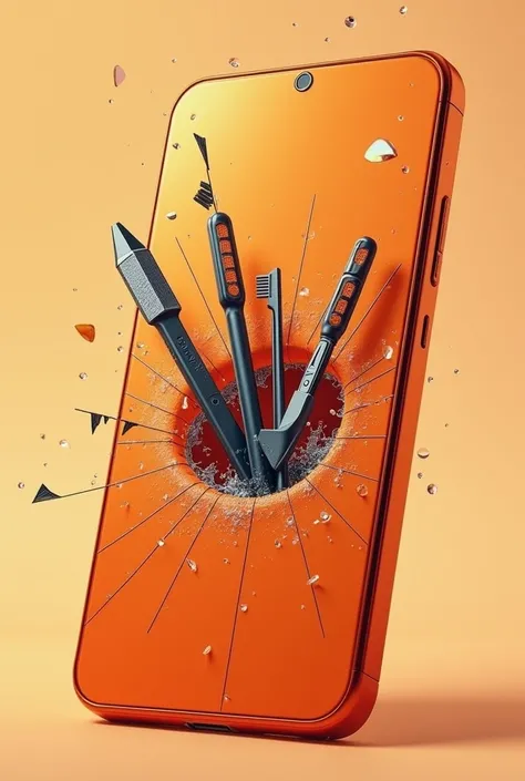 smartphone: Modern device , standing,  in the vibrant orange color .
body:  Realistically broken ,  with glass falling .
details:  Technical maintenance tools  ( like keys and pliers )  emerging from within the broken screen,  symbolizing the repair proces...