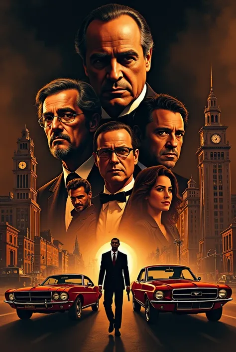 Alternative poster for Godfather movie with 5 characters, chirs, cars, buildings and guns. In Drew Struzan style. Not simetric layout
