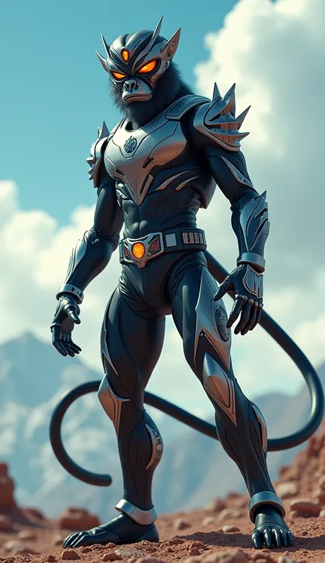 A hyper-realistic, cinematic image of a humanoid hybrid created from the fusion of a Black Power Ranger and a monkey. The character features futuristic black and silver armor with sharp, dynamic lines and accents inspired by the monkey’s agility, such as c...