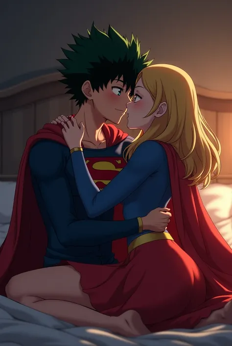 You could generate an image with the protagonist of the anime My Hero Academia Izuku Midoriya passionately kissing the Heroine Supergirl from Metropolis, better known as Kara Zor-El, in bed +18