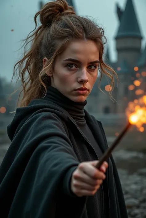  Create a 25-year-old witch , with características físicas muito semelhantes a hermione Granger.  She has light brown and voluminous hair , slightly smooth,  trapped in a messy bun , witho é típico de hermione.  Your eyes are brown ,  Large and expressive ...