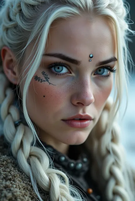 An intense close-up of a stunning Viking woman with long, snow-white hair, styled in intricate braids adorned with small beads and leather cords. Her face is framed by loose strands of hair, softly catching the light, and her weathered skin bears the faint...