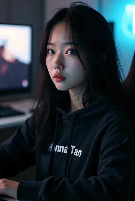 A beautiful Korean woman with long hair , sitting in a gaming chair wearing a dark black hoodie with a name on it " Hanna tan