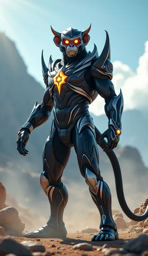 A hyper-realistic, cinematic image of a humanoid hybrid created from the fusion of a Black Power Ranger and a monkey. The character features futuristic black and silver armor with sharp, dynamic lines and accents inspired by the monkey’s agility, such as c...