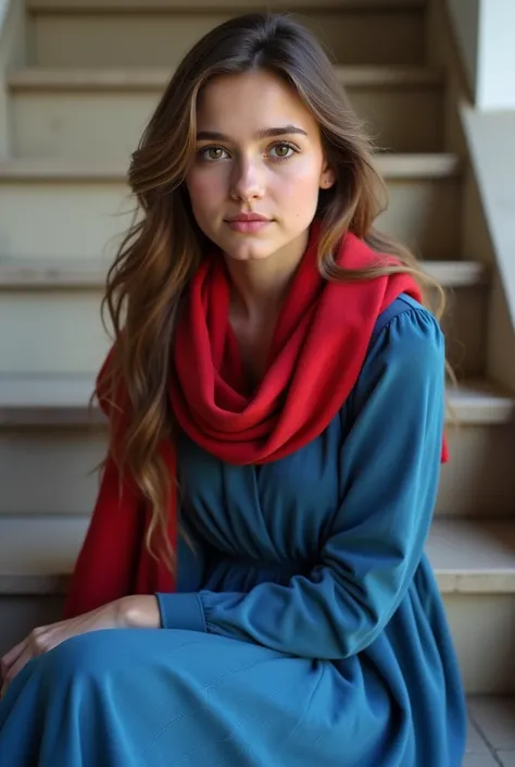 create an image of a 22 years girl sitting on stairs in blue long frock with red scarf in neck top  with fair color skin ,  brown eyes , golden dark brown long hairs and a visible mole on her left eyebrow  and a small on center of cheeks , oval face , butt...