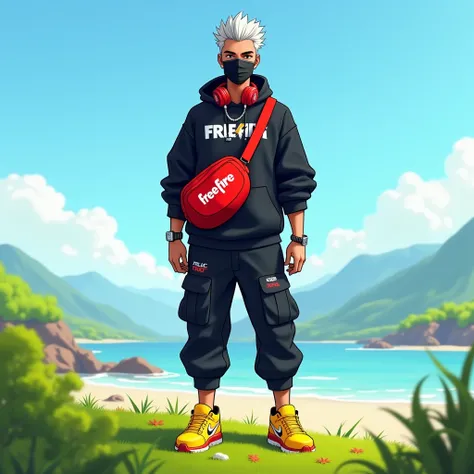 "A stylish character standing in a vibrant outdoor setting with clear blue skies and distant green mountains. The character has spiky silver hair, wearing a black hoodie with white text details, paired with black joggers and bright yellow sneakers. Accesso...