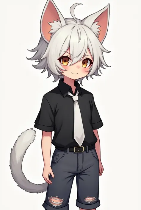 A boy with white hair and cat ears wearing a black shirt, white tie and ripped knee pants