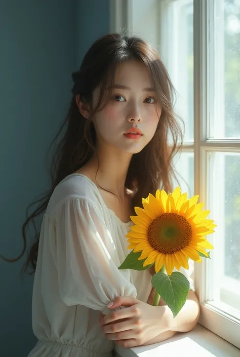 White Slim-shouldered Girls Long Hair Half-Body Holding a Sunflower Right Face Looking at the Lens Both Hands Elbow on Window Sill or Table Background Blue-White or Indoor Natural Light