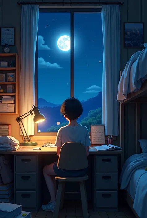 "An anime-style scene of a teenager sitting at a study desk in a cozy dorm room at night, gazing out at a glowing full moon through a large window. The room is illuminated by soft, warm desk lamp lighting and cool moonlight, creating a serene and contempla...