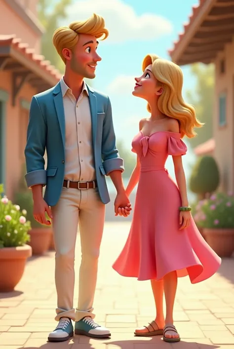 Adult man with short blond hair in white clothes wearing a blue jumpsuit holding hands with an adult woman in pink clothes, disney pixar style