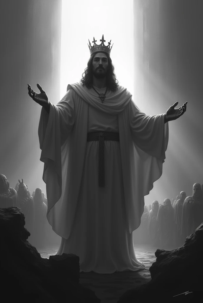 Jesus wearing a crown, coming as king, gathering his people to rule for eternity, in shades of gray, the very clear silhouette 