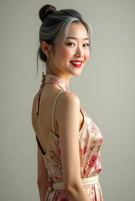 Chinese woman. 50 years old. smiling. looking through her shoulder. Grey and ponytail hair. brown eyes. White skin. Bright red lips. Smooth skin . Curvy body. Beautiful. satin almond color floral dress. Full body