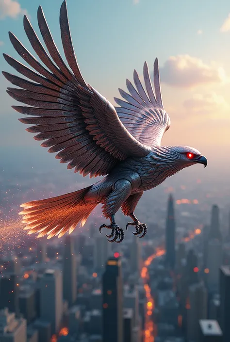 A majestic eagle with metallic feathers that reflect light like a prism. Its talons are robotic claws, and its eyes glow red. It soars over a futuristic cityscape, leaving a trail of sparks.