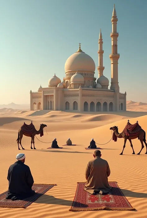 Masjid in to a desert. People are praying salat in carpet on desert beside the masjid. Camels are tie on their.

