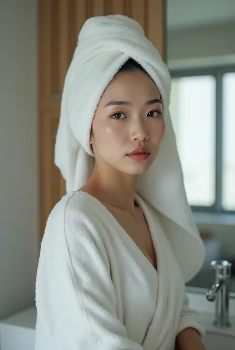 Extremely photorealistic a beautiful youthful looking gray haired Chinese women with a smooth face wearing a lot of makeup and a lipstick as a 50 years old wom an wearing a shower gown with a towel on her head completely covering her head and cleansing at ...