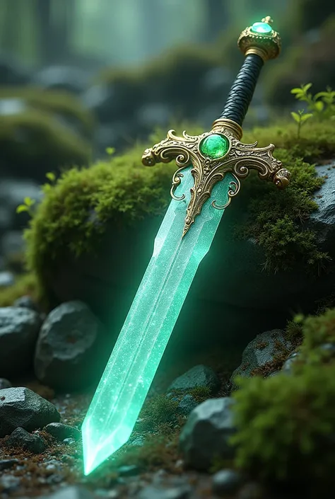  The image shows a sword with a highly detailed and magical design .  The blade is made of a shimmering translucent crystal  ,  that reflects light in an ethereal way ,  almost as if it were shining with its own energy .  The handguard has intricate orname...