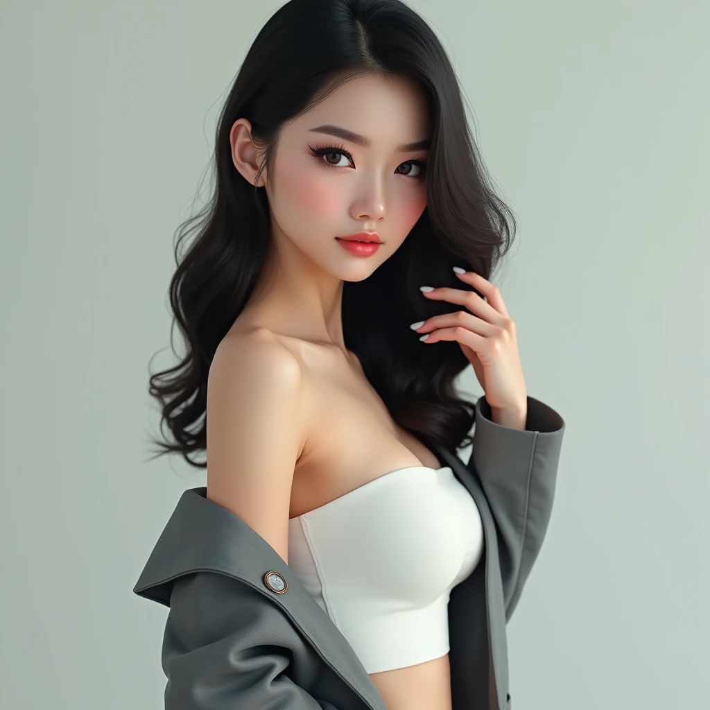 (Photorealistic 8K RAW) full person arched back standing pose. 35y beautiful Singaporean model with a 16y face. Big double lid big eyes. Long and extremely thick fake upper eyelashes on upper eye lid. Extremely Prominent high nose bridge. Shapely hips. Wid...