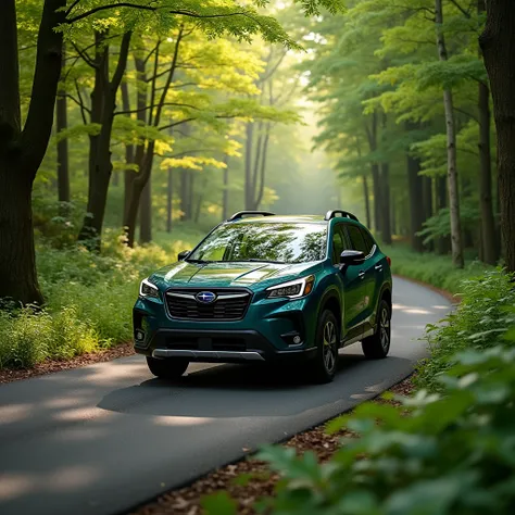  Subaru Solterra from 2023 rides along a paved forest road in the UK,  green trees, a beautiful dense forest 