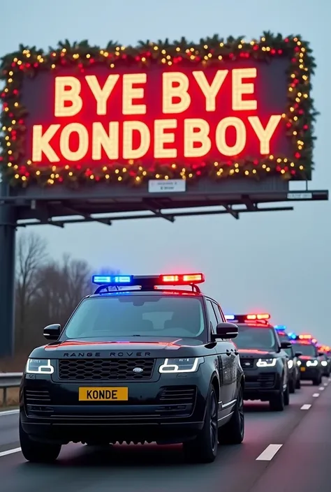 A festive Christmas-themed billboard displayed along a highway, prominently featuring bold and large text in an attractive font reading "BYE BYE 
KONDEBOY" in bright red. The billboard is adorned with Christmas decorations such as lights, garlands, and orn...