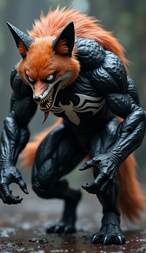 Venom And Fox Physically Combined And A New Hybrid Formed, Venoms Skin, Foxs Detailed Body Texture, Venoms Big White Eyes, Venoms Logo