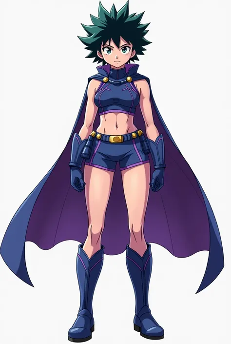  Generate a hero costume in the style of My Hero Academia.  The costume is for a teenager , must show a lot of skin ,  be blue and purple ,  must have thick straps and a short ,  short gloves and long boots, sleeveless or caped 