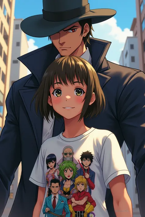 Girl wearing a Jojos Bizarre Adventure T-shirt with Jotaro behind her