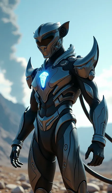 Hyper-realistic cinematic image of a humanoid hybrid created from the fusion of the Black Power Ranger and a monkey. The character features futuristic black and silver armor with sharp, dynamic lines and accents inspired by monkey agility, such as claw-lik...