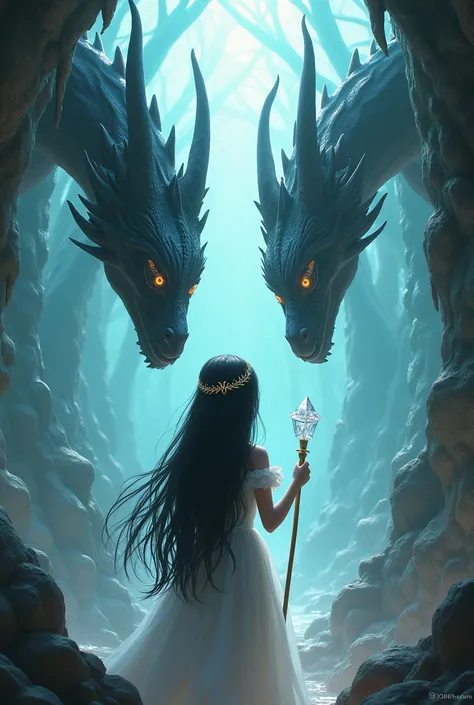     Image of black dragons ,  gray ,  in glass caves        ,          in front of them beautiful girl with g4andes eyes, long black hairs,crystal crown ,    ,        In his hand    ,     a glass rod   