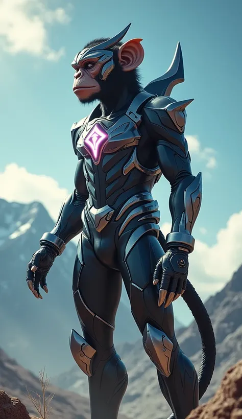 Hyper-realistic cinematic image of a humanoid hybrid created from the fusion of the Black Power Ranger and a monkey. The character features futuristic black and silver armor with sharp, dynamic lines and accents inspired by monkey agility, such as claw-lik...