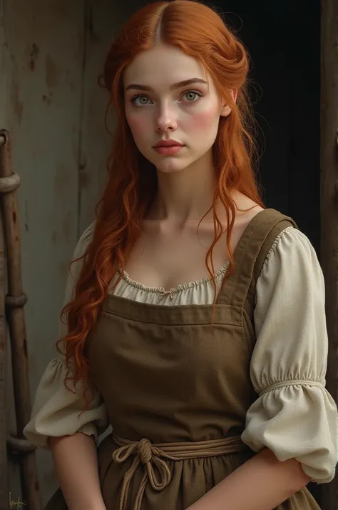 Create a realistic image of a 21-year-old peasant woman with long wavy light copper hair, her eyebrows the same color as a brown peasant costume. 