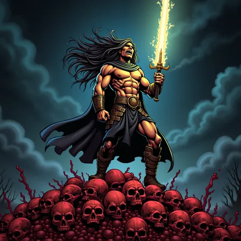 Strengh faceless warrior, long hairs, on a pile of human skulls, no armor, sword of light, red blood battlefield, storm in the sky, comic, heavy metal, conan the barbarian