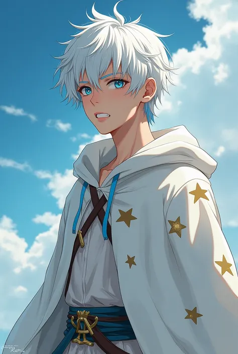 A tall boy of 1 .85, ( albino)  with white hair with blue tips , blue eyes and straight hair . 22 years old.
 He wears a white cloak with drawings of gold stars ,  is always out there having fun with his friends .  But he also spends a lot of time serving ...