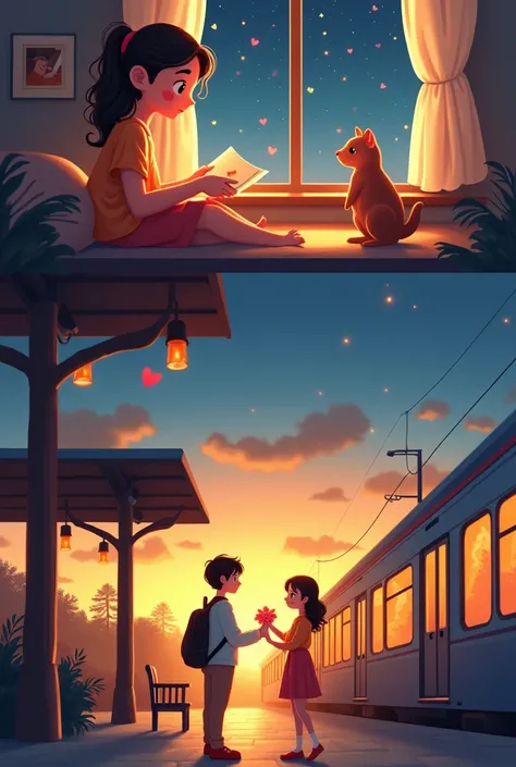 A romantic illustration showing two young people in a cozy, dreamy setting. The first part of the scene shows a girl sitting in her room, reading a heartfelt letter with a shy smile, surrounded by soft, warm lighting and a window overlooking a starry night...