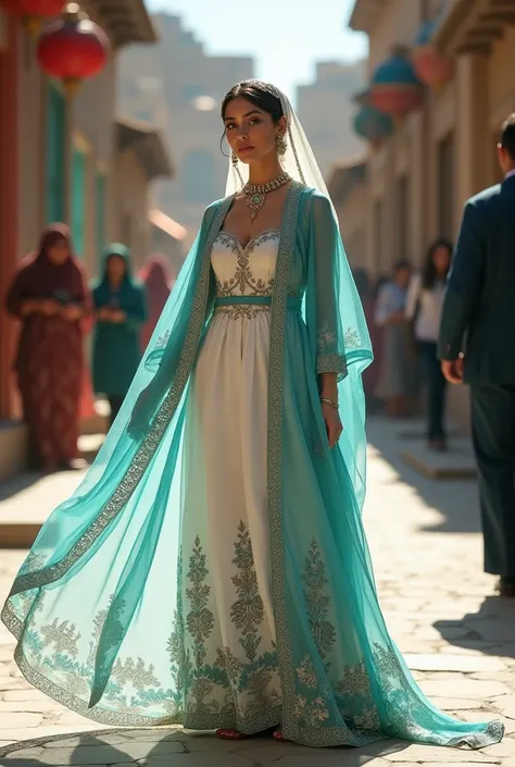 A beautiful rich persian woman with white yoke dress with deep aqua ikat patterns, dark red kitten heels, light blue chiffon cape with pomegranate prints, emerald diadema, white organza head kerchief in Uzbekistan Ferghana street